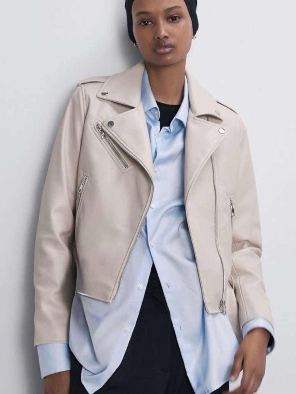 Cream Faux Leather Moto Jacket